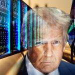 Trump's face looms in front of a series of data center servers superimposed over a network of pipelines