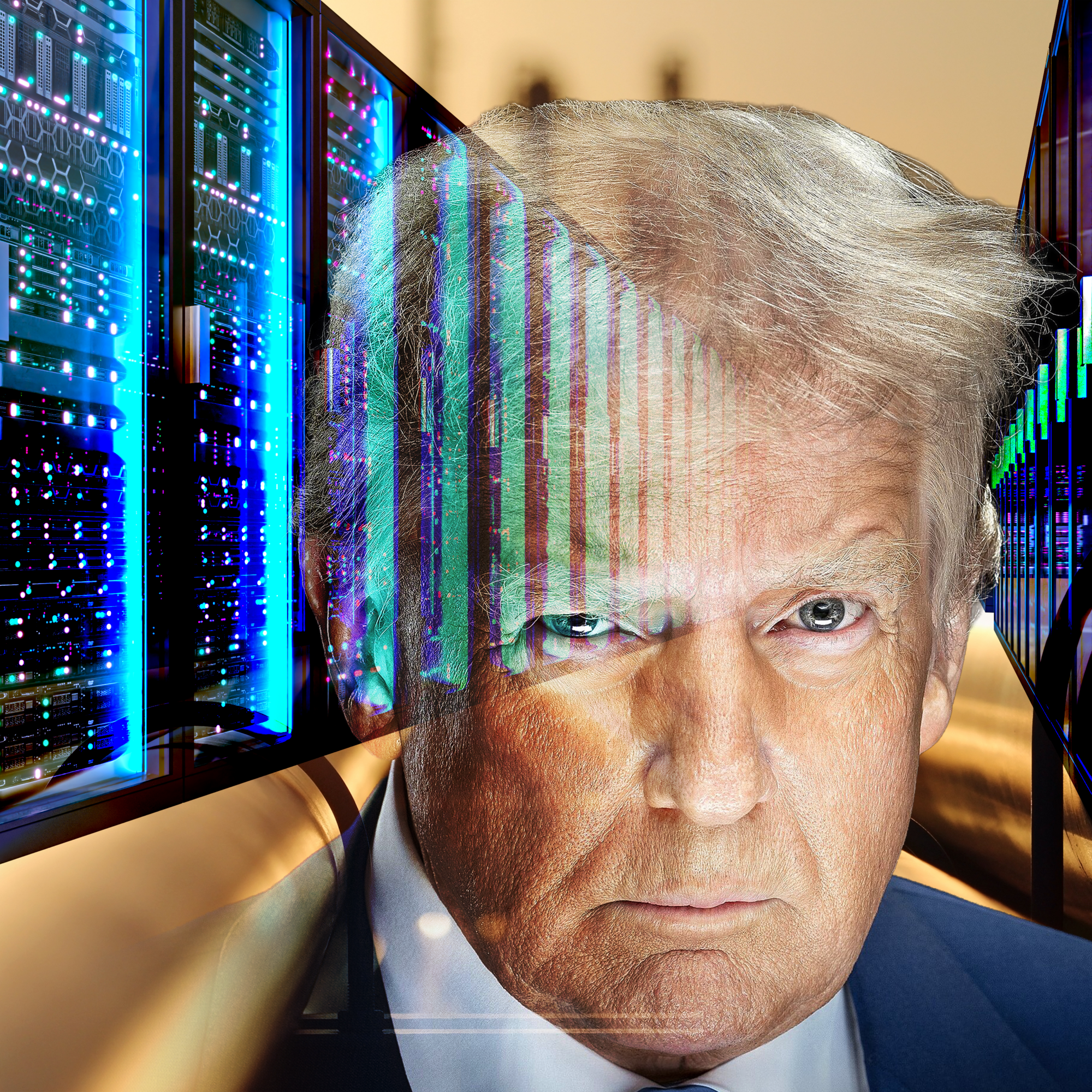 Trump's face looms in front of a series of data center servers superimposed over a network of pipelines