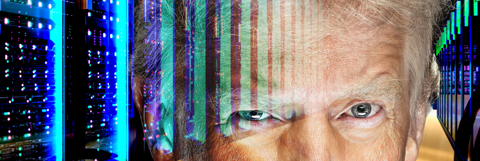 Trump's face looms in front of a series of data center servers superimposed over a network of pipelines
