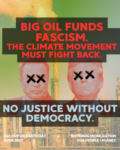 All out for Earth Day image shows trump and musk in front of smokestacks with the words "Big Oil Funds Fascism"