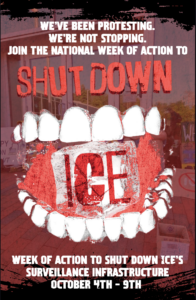 Shut Down ICE Zine page one shows a large set of teeth crunching an ice cube behind the words "Shut Down ICE" on a red background
