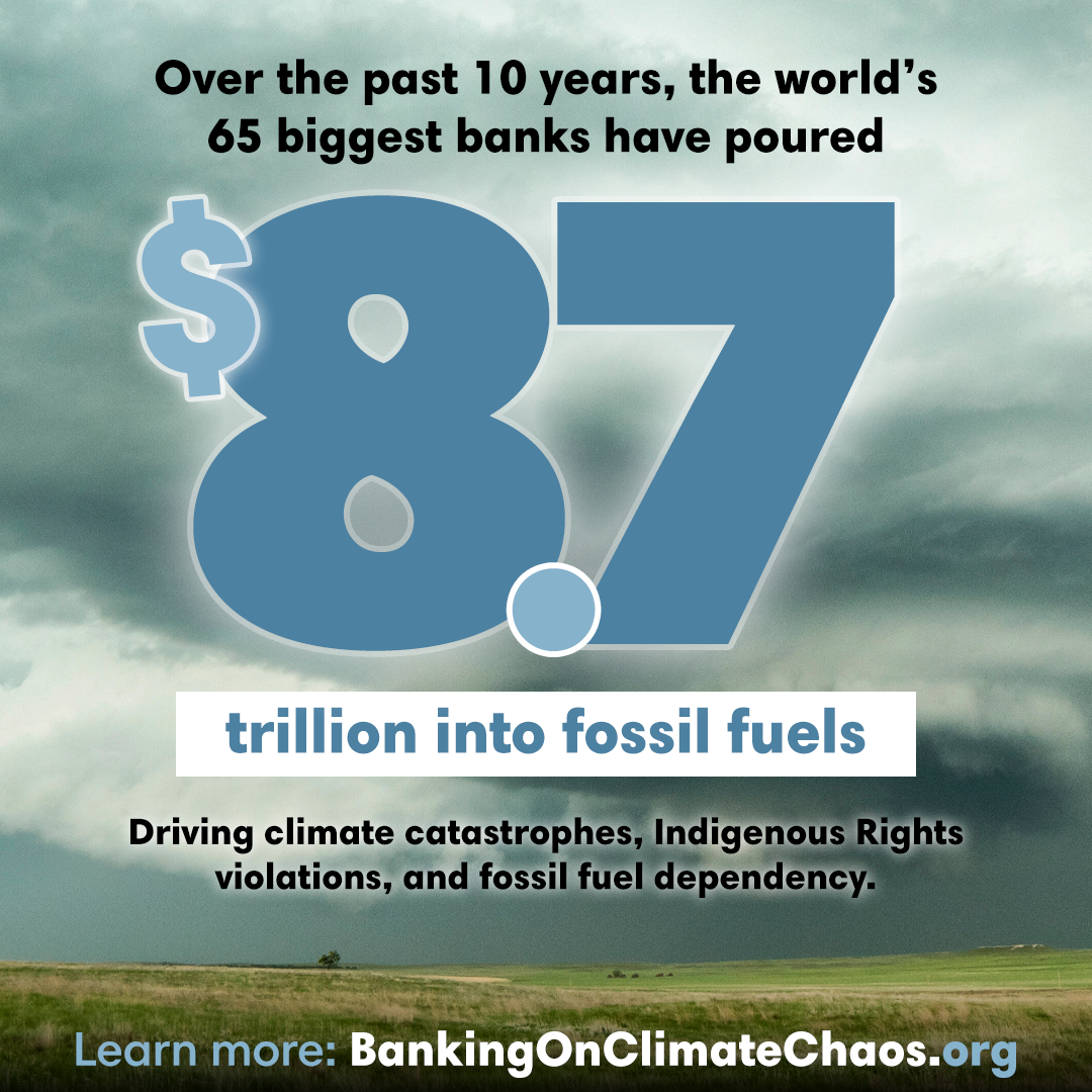 Banking on climate chaos graphic shows a huge number 8.7 to explain big banks have invested $8.7 trillion into fossil fuels since the Paris climate agreement was signed
