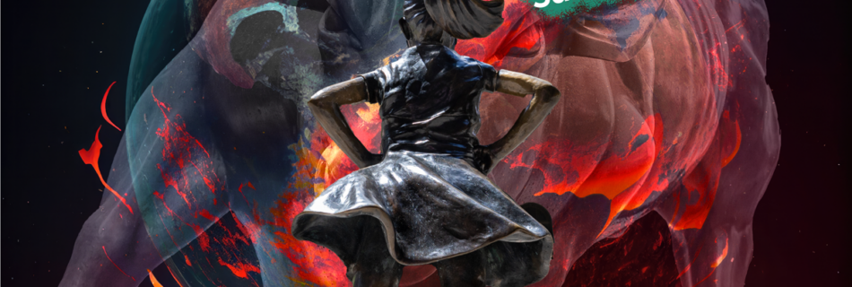 A meme shows the Brave little girl statue facing down the bull of wall street statue and a burning earth under the words "CEO Shutdown: march to end climate destruction"