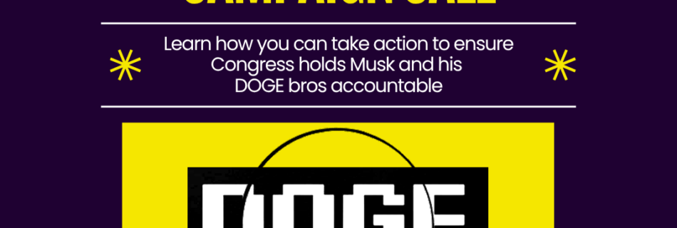 DOGE Accountability Campaign Call digital flyer shows a pixelated DOGE under a magnifying glass and has the time for the call May 28th at 8PM ET or 5PM PT