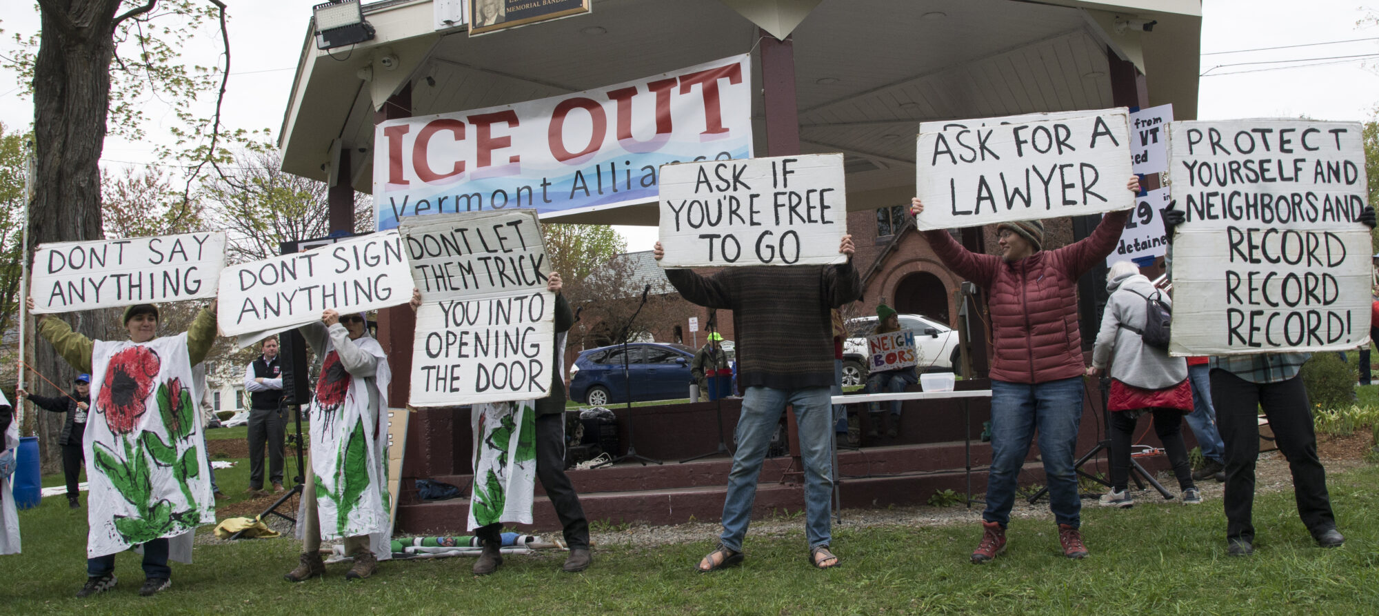 A photo of the May 8 ICE Out Vermont rally which included a call to unmask ICE