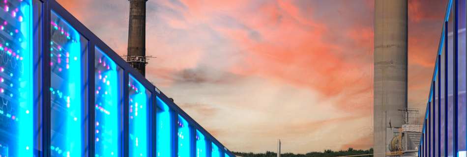 Data Centers and Democracy meme shows a hallway of glowing servers in front of the Merrimack generating station, the now closed coal plant in new Hampshire