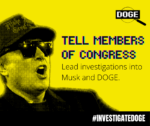 A picture of Elon Musk wearing sunglasses next to the words "tell members of Congress to lead investigations into Musk and DOGE"
