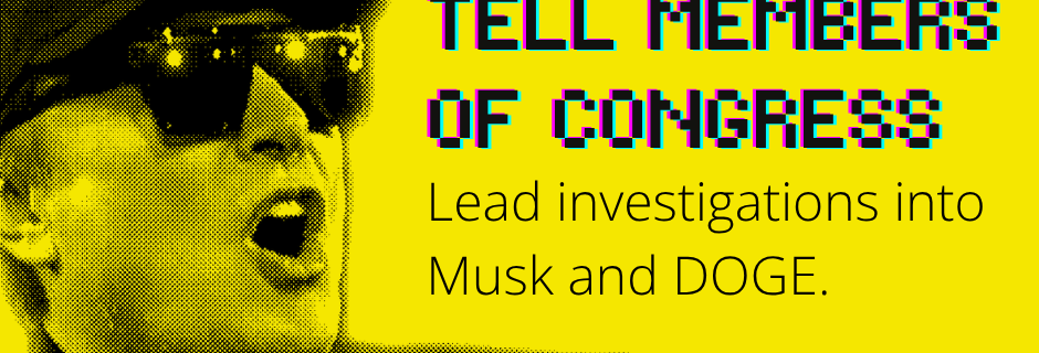A picture of Elon Musk wearing sunglasses next to the words "tell members of Congress to lead investigations into Musk and DOGE"
