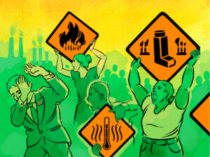 End Fossil Fuels Training graphic shows a group of people holding signs about climate impacts shouting at a CEO who cringes away