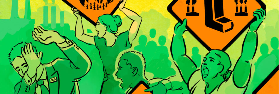 End Fossil Fuels Training graphic shows a group of people holding signs about climate impacts shouting at a CEO who cringes away