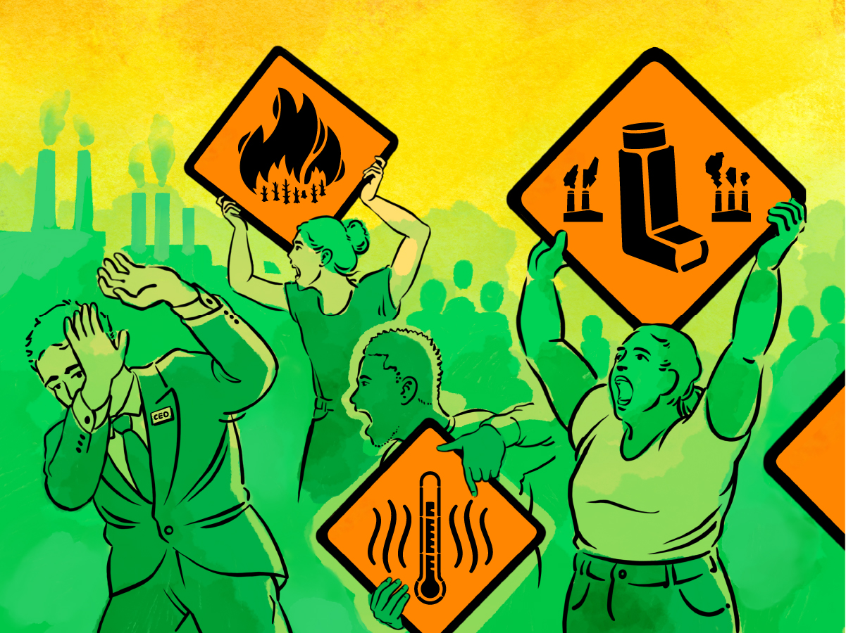 End Fossil Fuels Training graphic shows a group of people holding signs about climate impacts shouting at a CEO who cringes away