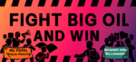 a two color drawing shows tow crowds of protestors convening one carries a banner that says "Workers over Billionaires" and the other says "Fight Fossil Fueled Fascists"