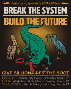 A picture of a gator with a red tie in its teeth under the words "break the system, build the future"
