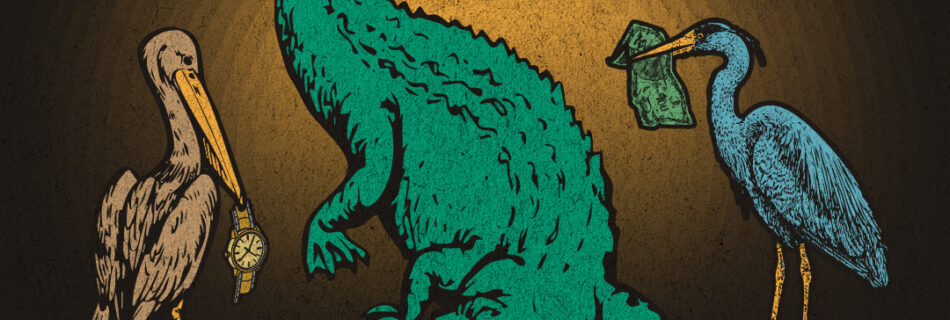 A picture of a gator with a red tie in its teeth under the words "break the system, build the future"