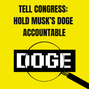 A yellow meme with the words "Tell Congress: Hold Musk's DOGE Accountable" The word DOGE is in large, pixelated font and has a magnifying glass over it