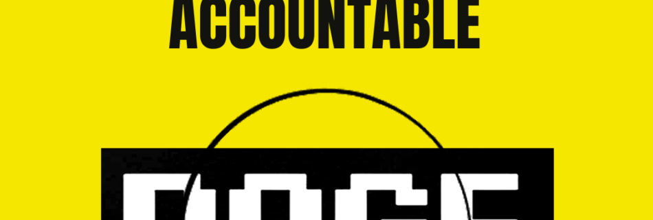 A yellow meme with the words "Tell Congress: Hold Musk's DOGE Accountable" The word DOGE is in large, pixelated font and has a magnifying glass over it