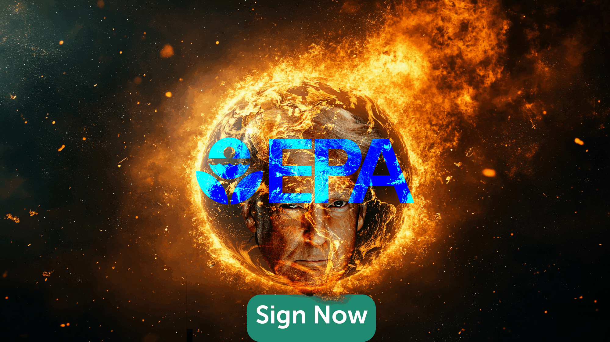 A photoshopped image of a flaming earth with Trumps face and an EPA logo superimposed under the words "Stop Trump's climate denying plan to repeal the EPA’s Endangerment Finding."
