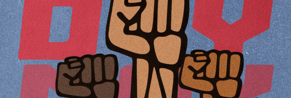May Day poster shows raised fists in front of the words "May Day"