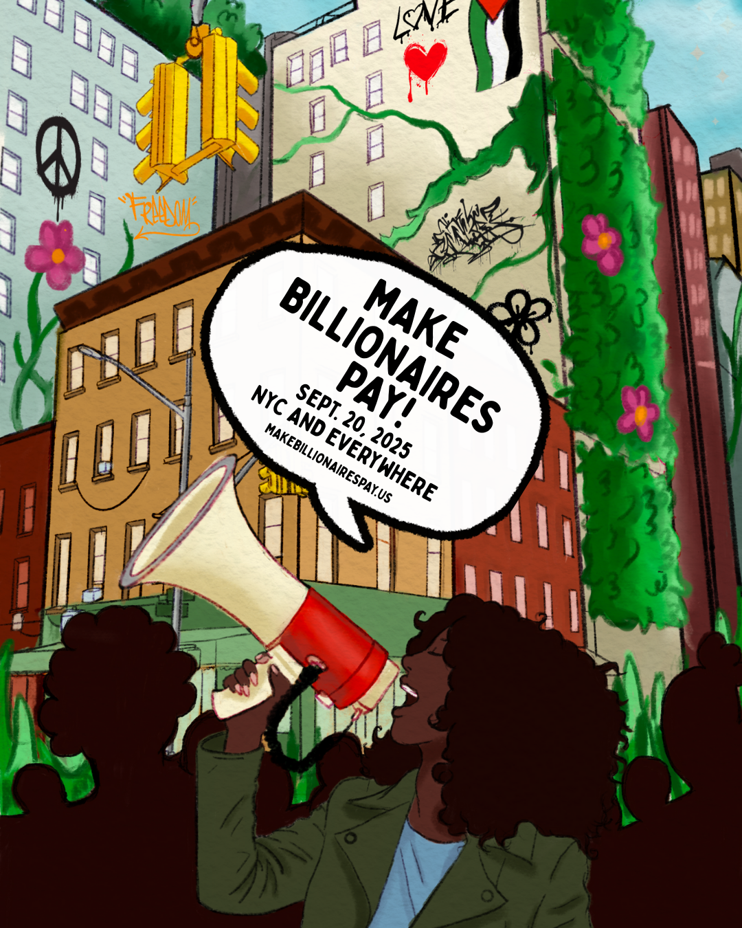 Make Billionaires pay march poster shows a woman on a colorful New York Street holding a megaphone