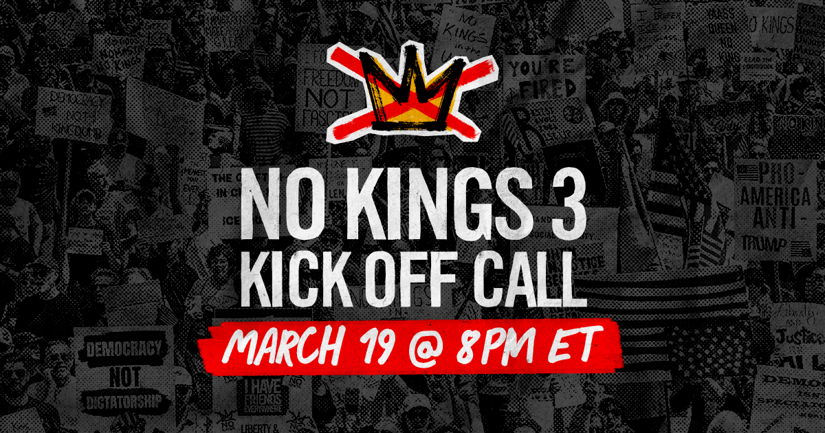 No Kings Kick off call flier for March 19 shows a crown with a Red X through it.