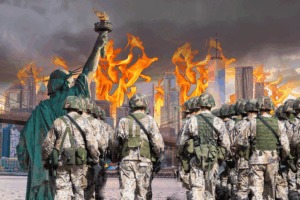 An illustration shows National Guard troops marching in the foreground, while in the background the statue of liberty faces the new York City skyline in flames