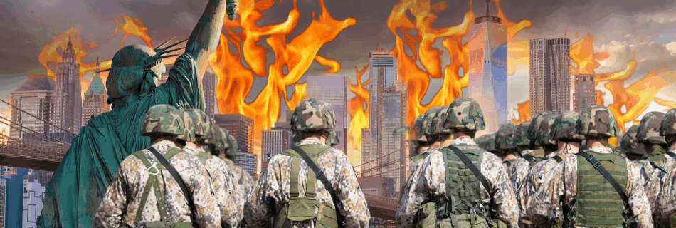 An illustration shows National Guard troops marching in the foreground, while in the background the statue of liberty faces the new York City skyline in flames