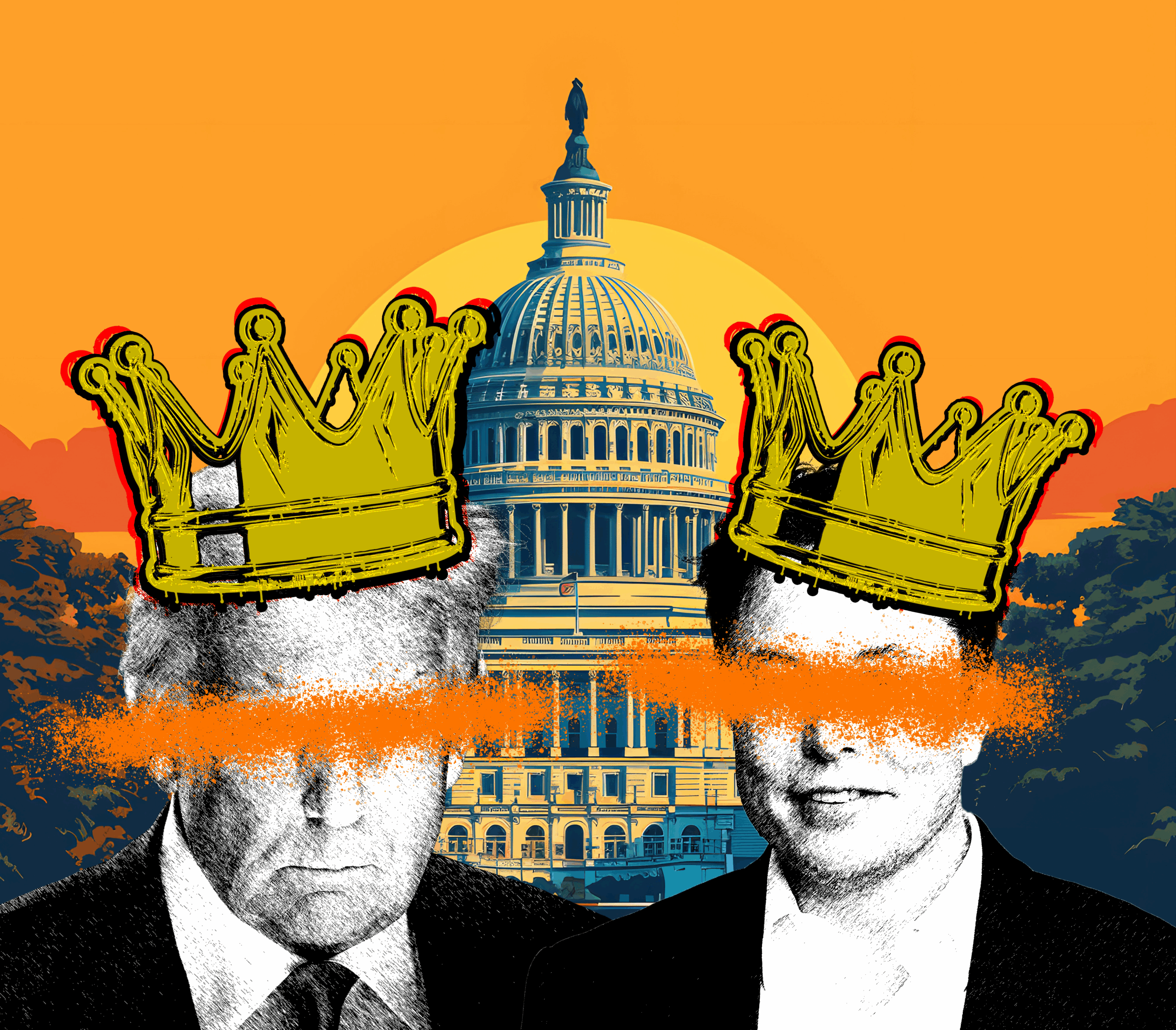 Tax the billionaires meme shows Trump and Musk wearing crowns in front of a drawing of the US Capitol