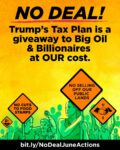 A poster for our no deal budget actions shows green people holding orange signs opposed to polluters and billionaires