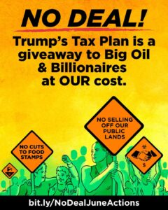 A poster for our no deal budget actions shows green people holding orange signs opposed to polluters and billionaires