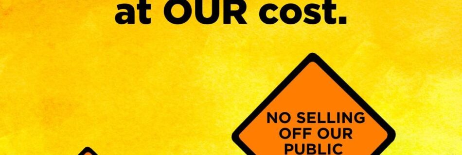 A poster for our no deal budget actions shows green people holding orange signs opposed to polluters and billionaires