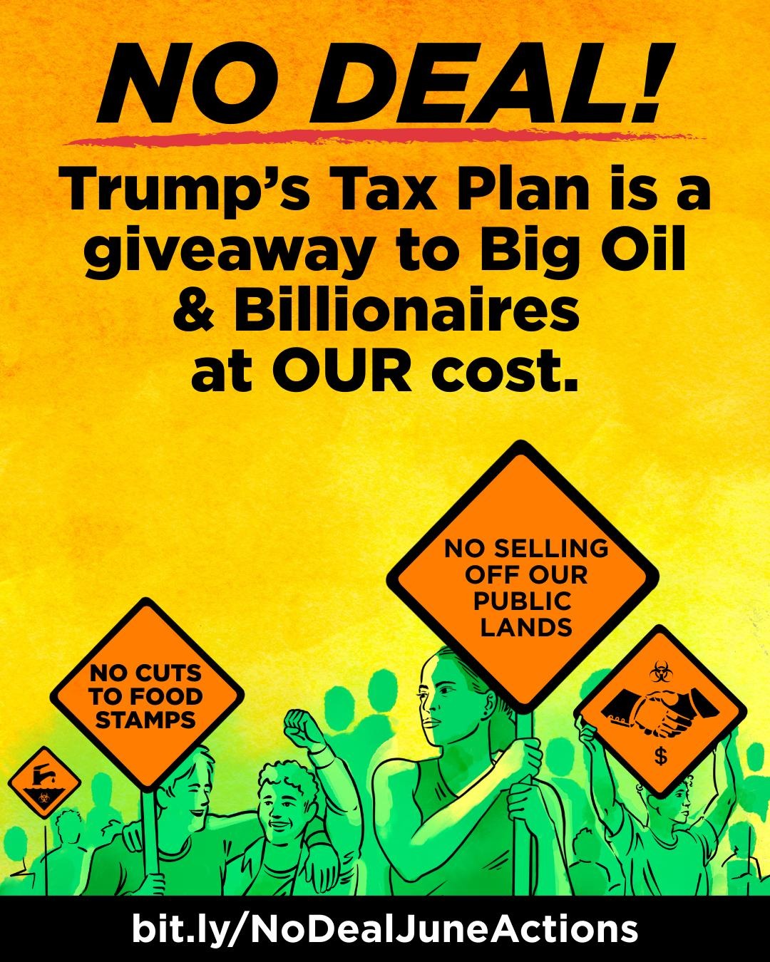 A poster for our no deal budget actions shows green people holding orange signs opposed to polluters and billionaires