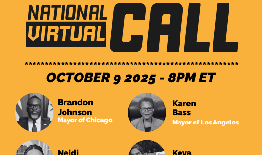 No Kings and No Billionaires flier for the October 9 call has. picture of Mayor Brandon Johnson and Mayor Karen Bass