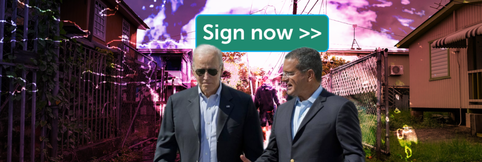 President Biden and Puerto Rican Governor Pierluisi in front of a super imposed image of Huricaine Fiona and a flooded street