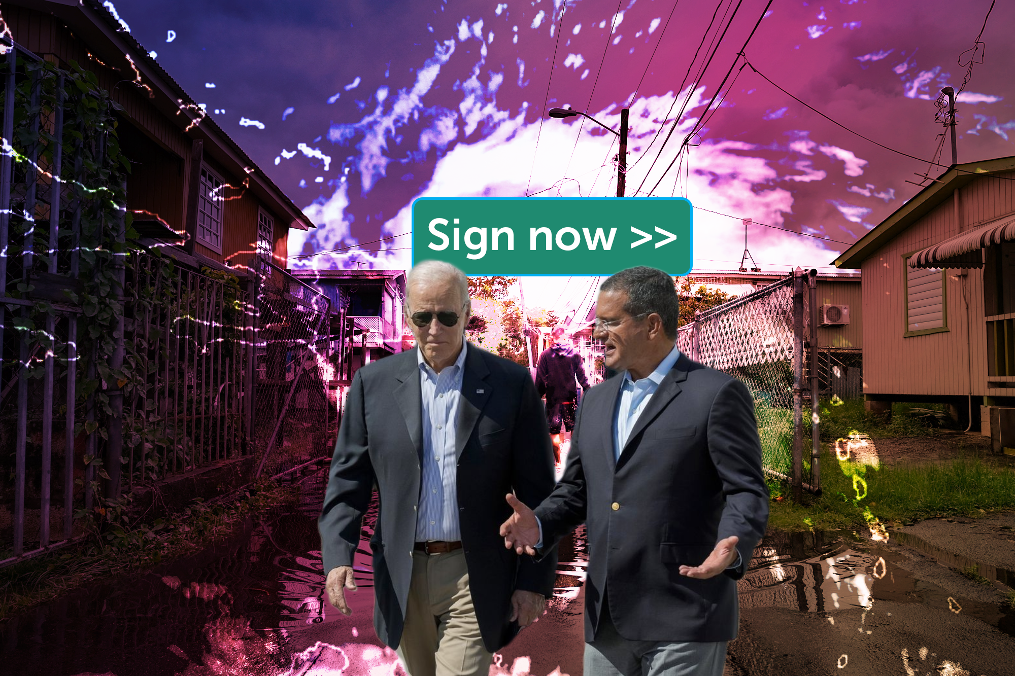 President Biden and Puerto Rican Governor Pierluisi in front of a super imposed image of Huricaine Fiona and a flooded street