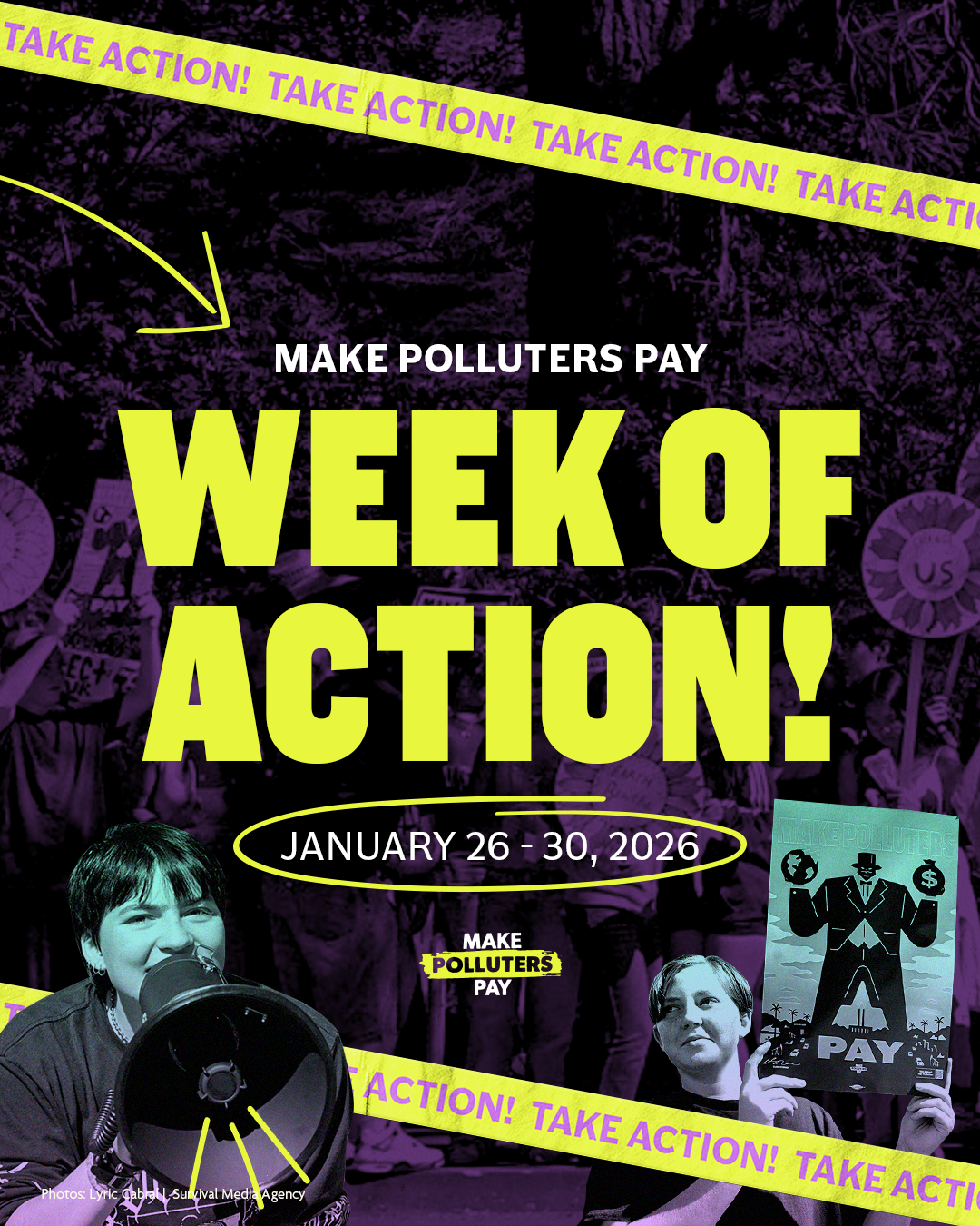 a Make Polluters pay week of action flyer shows two people - one holding a bullhorn and the other holding a sign under the words "Week of Action January 26-30