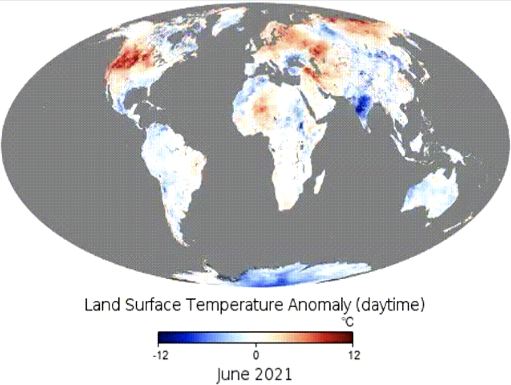 There was a massive heat wave in the pacific northwest and western Canada in June 2021, as you can see on this map.