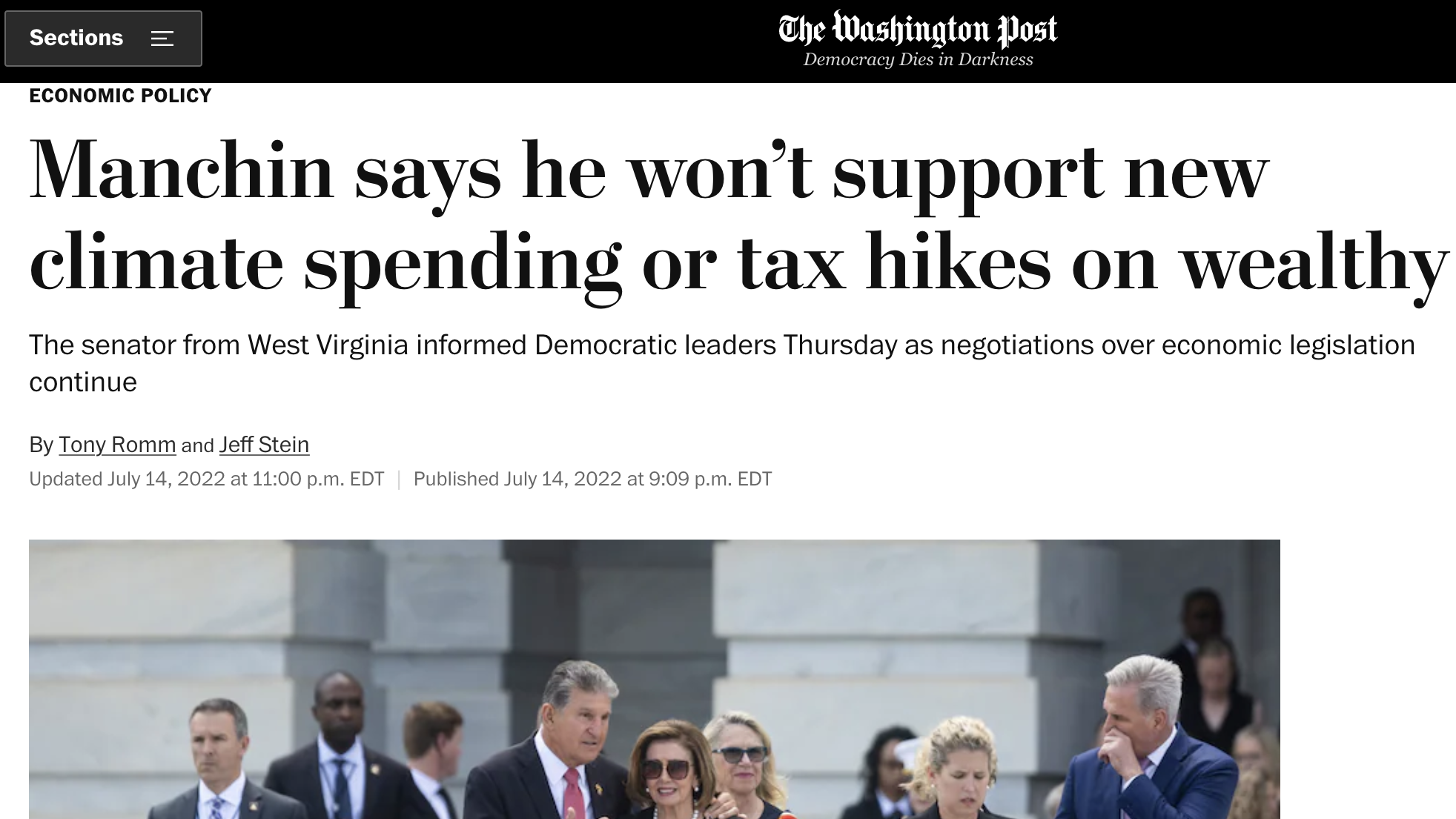 A headline in the Washington post reads "Manchin says he won't support any new climate spending or tax hikes on wealthy"