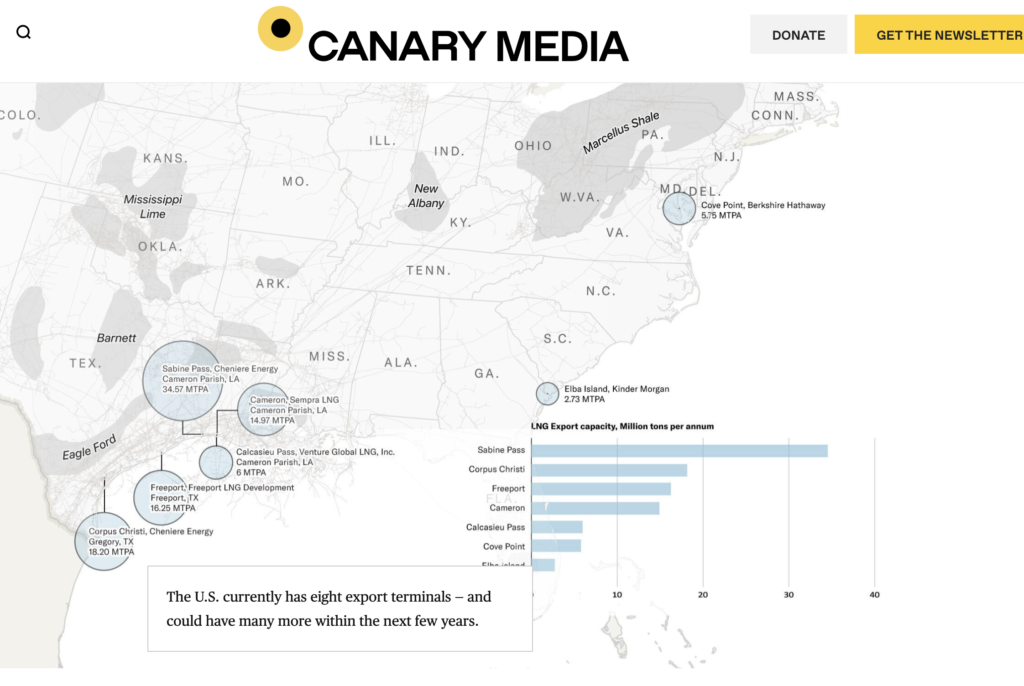 Screenshot of a Canary media article showing massive buildout of the LNG industry, especially in the Gulf of Mexico.