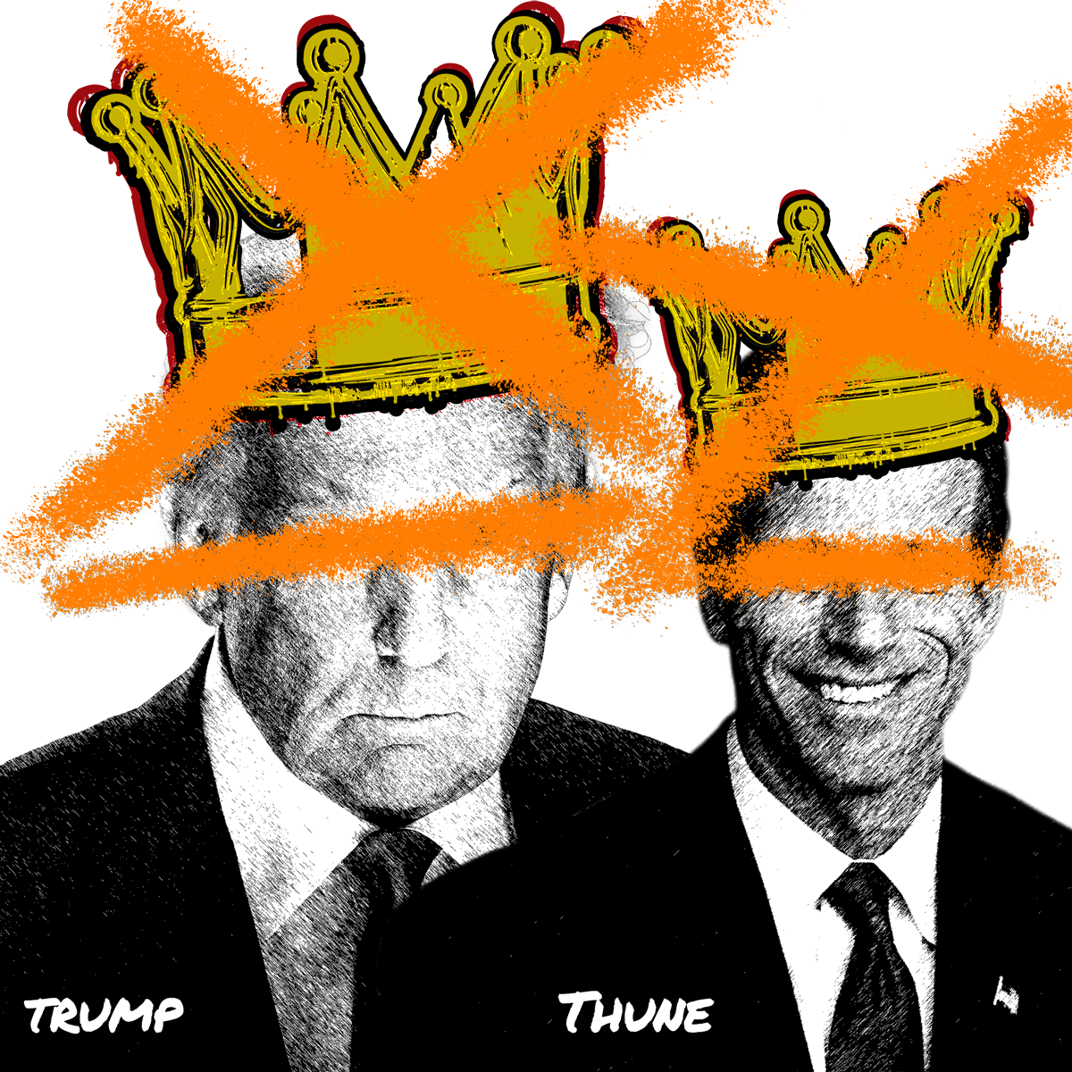 Trump and Senate leader Thune wearing crowns that drip blood and oil