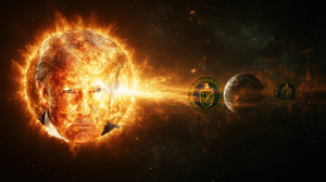 A meme shows Donald trump's face superimposed on the sun, which emits a flare towards earth. The flare passes through and burns a Department of Energy DOE Logo, and then the earth, and the logo appears again on the other side smaller, and darker.