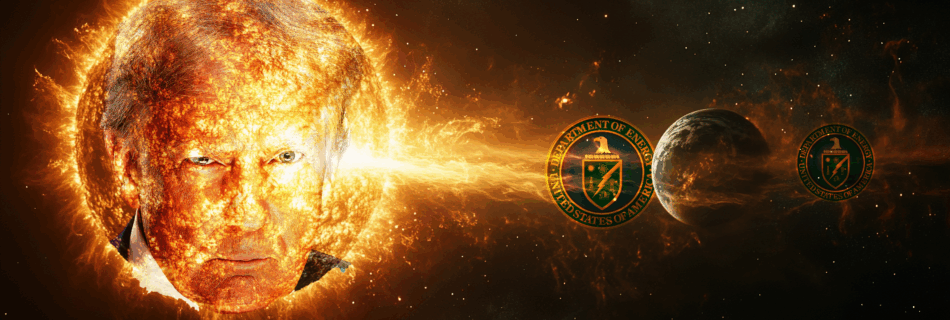 A meme shows Donald trump's face superimposed on the sun, which emits a flare towards earth. The flare passes through and burns a Department of Energy DOE Logo, and then the earth, and the logo appears again on the other side smaller, and darker.