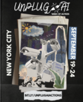 A flyer for the Unplug AI week of action shows a collage of flock cameras with creepy eyeballs in front of a New york City skyline