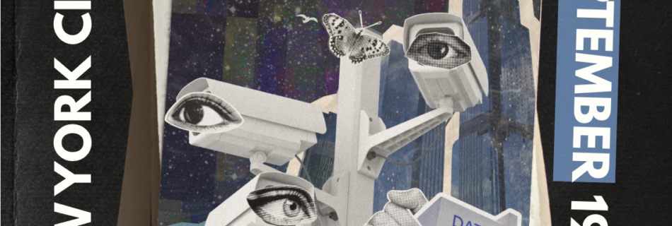 A flyer for the Unplug AI week of action shows a collage of flock cameras with creepy eyeballs in front of a New york City skyline