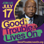 A picture of John Lewis with the words Good Trouble Lives On