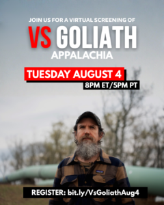 Appalachia Vs Goliath poster shows Russel standing in front of a section of pipeline