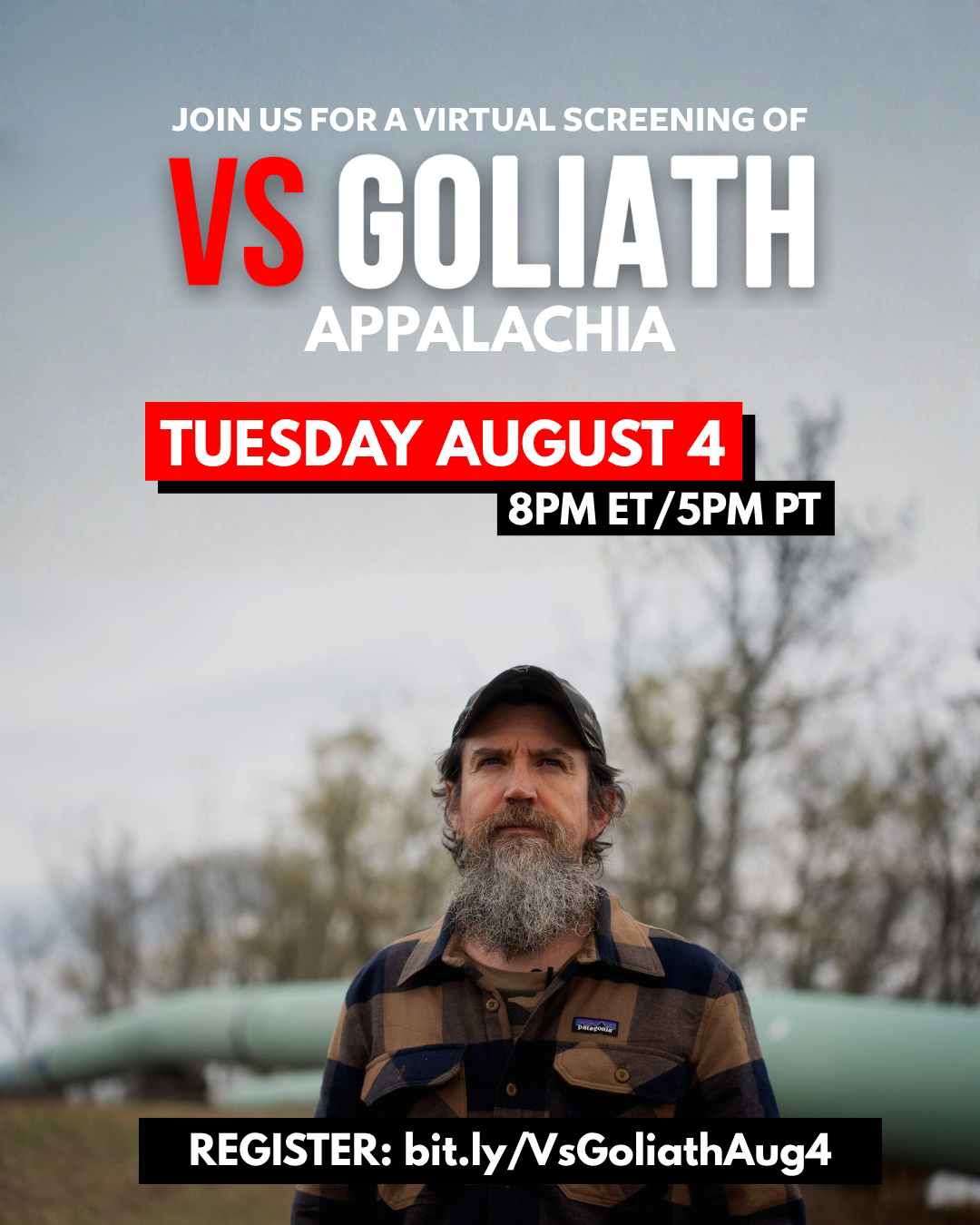 Appalachia Vs Goliath poster shows Russel standing in front of a section of pipeline