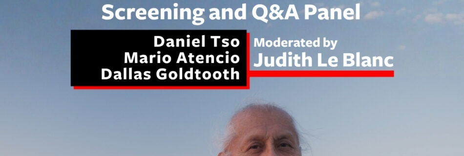 A flyer for the September 1 Vs Goliath screening shows an older indigenous man in a whaite shirt standing in front of Chaco canyon.