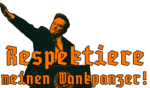 A tesla takedown sticker shows an image of Elon Musk making a nazi salute with the words "Respektiere meinen Wankpanzer" (Respect my Wankpanzer in German)