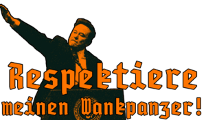A tesla takedown sticker shows an image of Elon Musk making a nazi salute with the words "Respektiere meinen Wankpanzer" (Respect my Wankpanzer in German)
