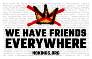 A picture of a crown with a red X on it above the words We have friends everywhere